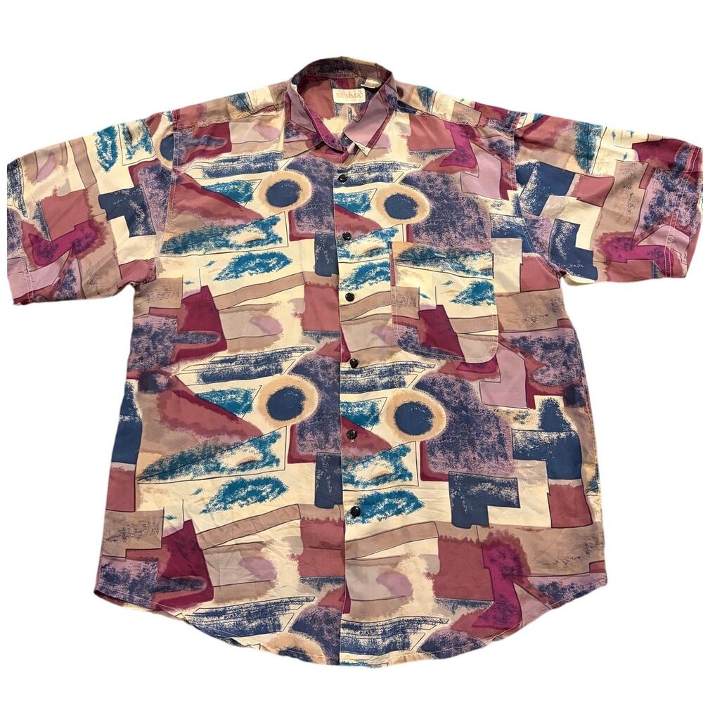 SUMMA Men’s 100% Silk Shirt Large Abstract Geometric Boho Y2K Artsy Club Vtg